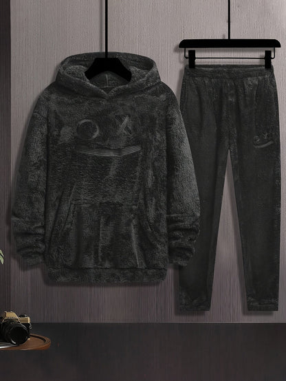 Ensemble Homme Doux Noir à Capuche et Pantalon Motif Géométrique Relief
