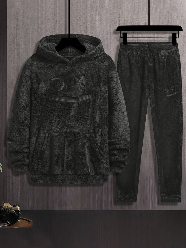 Ensemble Homme Doux Noir à Capuche et Pantalon Motif Géométrique Relief