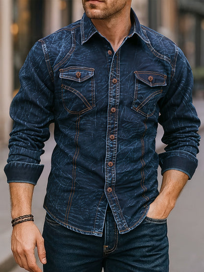 Chemise Homme Effet Délavé Bleu Foncé Manches Longues Boutons Marron