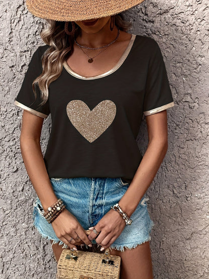 T-shirt décontracté femme à motif cœur brillant et détails métalliques – Style tendance pour sorties et quotidien