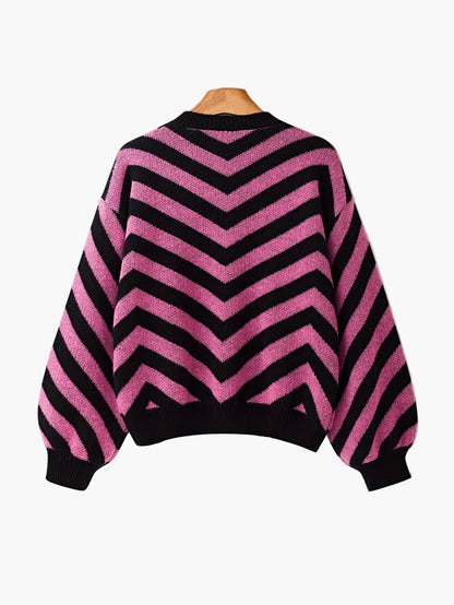Elegancki sweter damski w paski jodełkowe, styl jesienno-zimowy, z długim rękawem, luźny krój