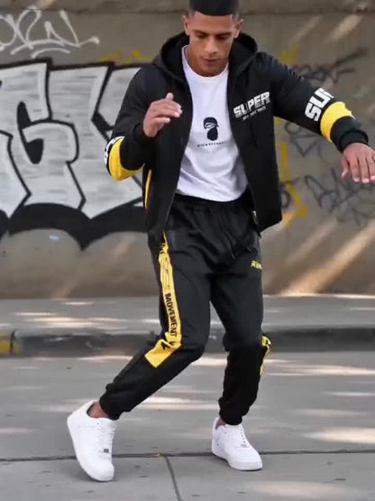 Ensemble Homme Sportif Noir avec Capuche et Bandes Latérales