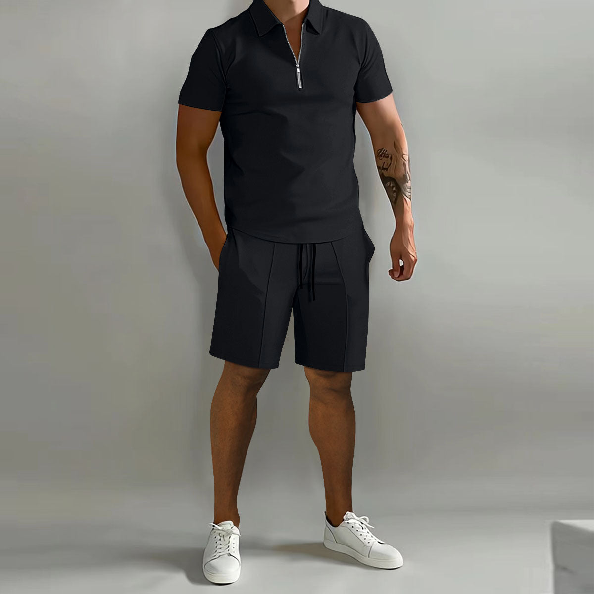 Ensemble décontracté pour homme à manches courtes avec fermeture éclair, idéal pour l'été, style moderne et confortable