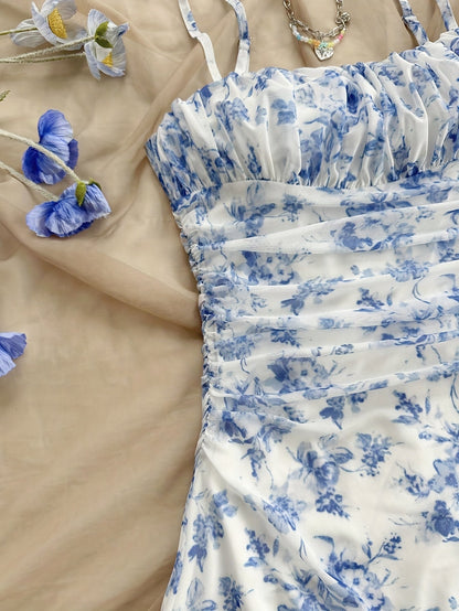 Abito estivo donna stile elegante con spalline sottili, stampa floreale per uscite e vacanze