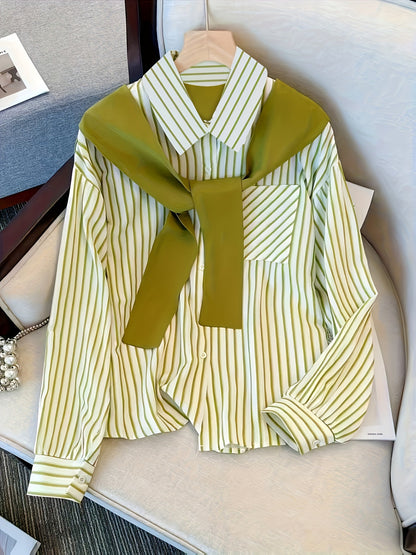 Chemise rayée femme à manches longues avec fausse écharpe nouée devant