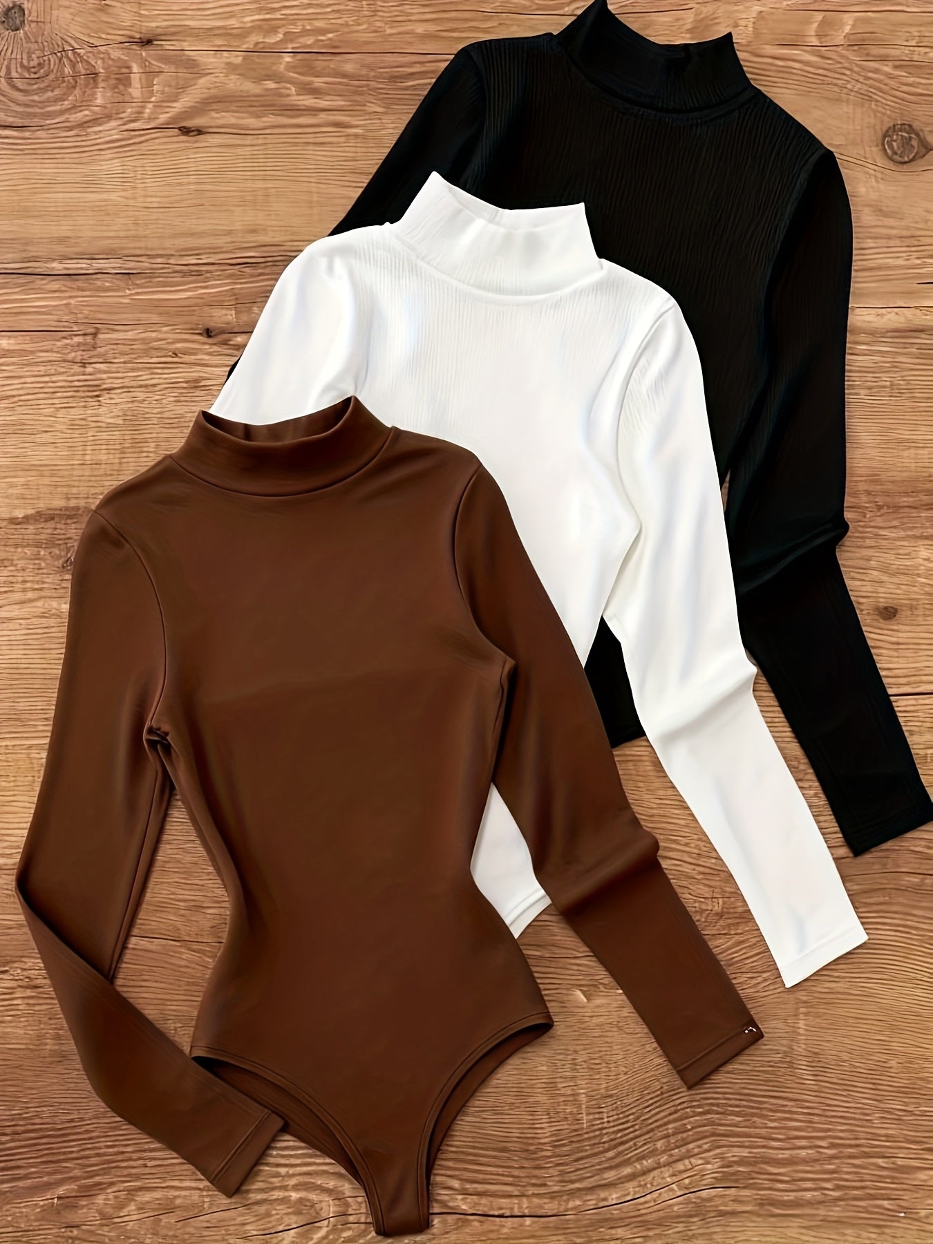 Body Femme Col Roulé Manches Longues Uni Élastique Moulant