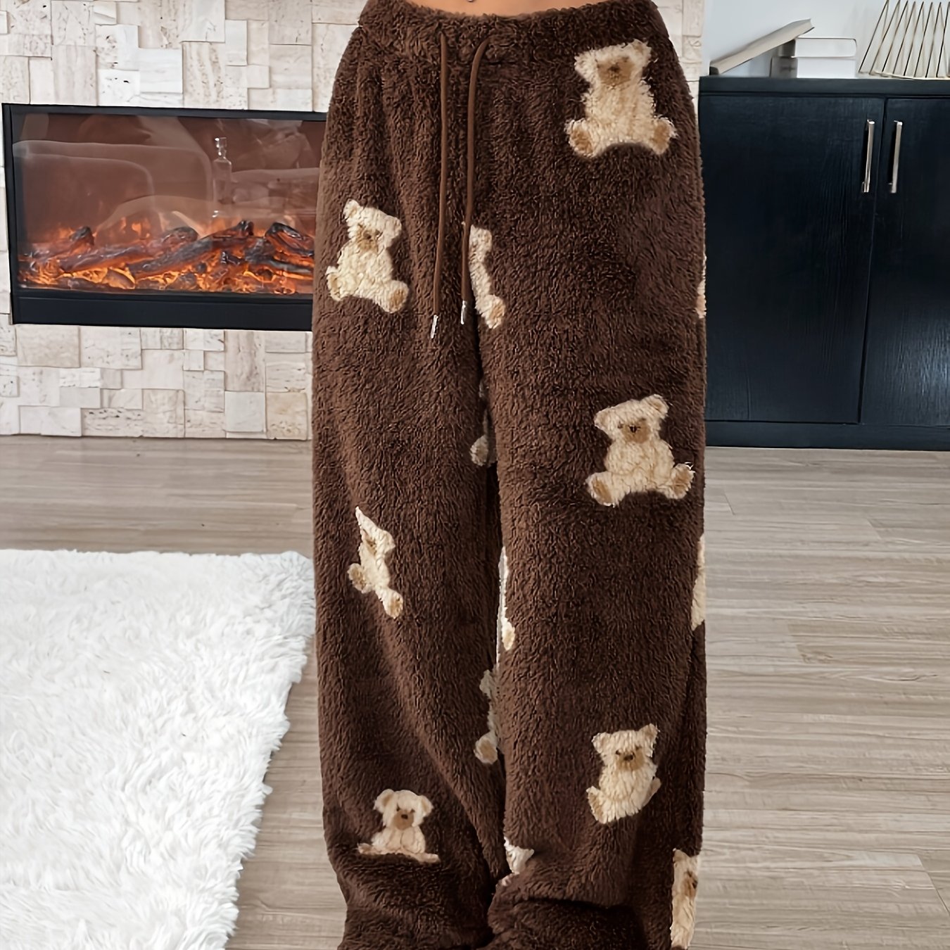 Pantalon de détente doux marron large avec motif ours en peluche