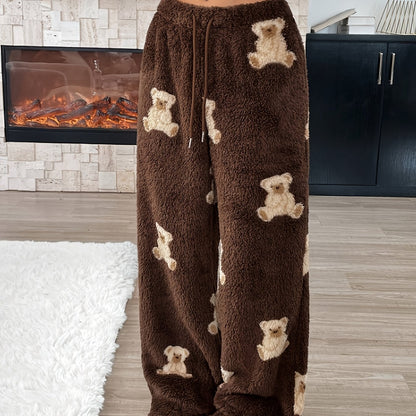 Pantalon de détente doux marron large avec motif ours en peluche