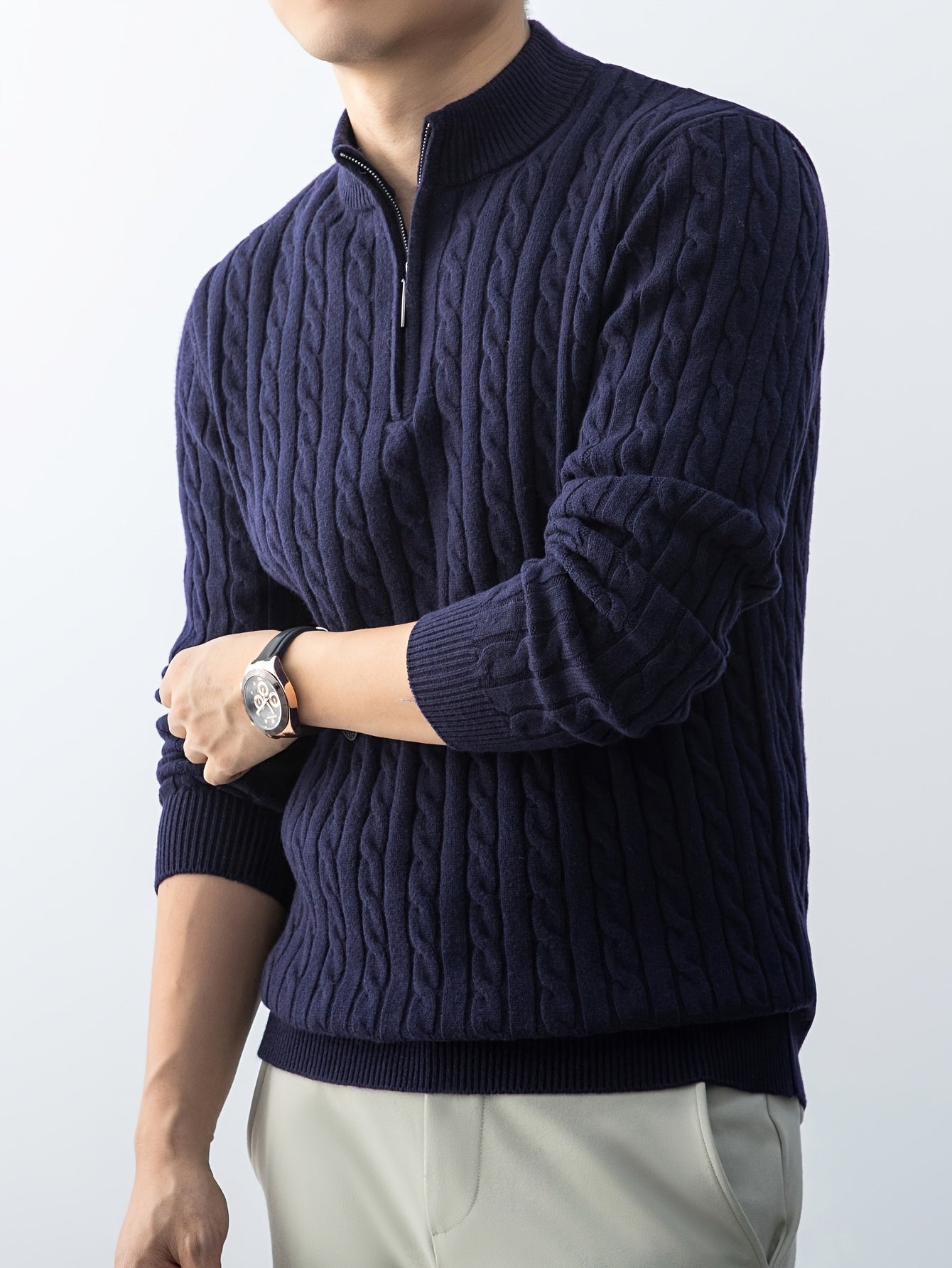 Pull à Col Montant Zippé Homme Style Casual Motif Torsadé pour Automne Hiver