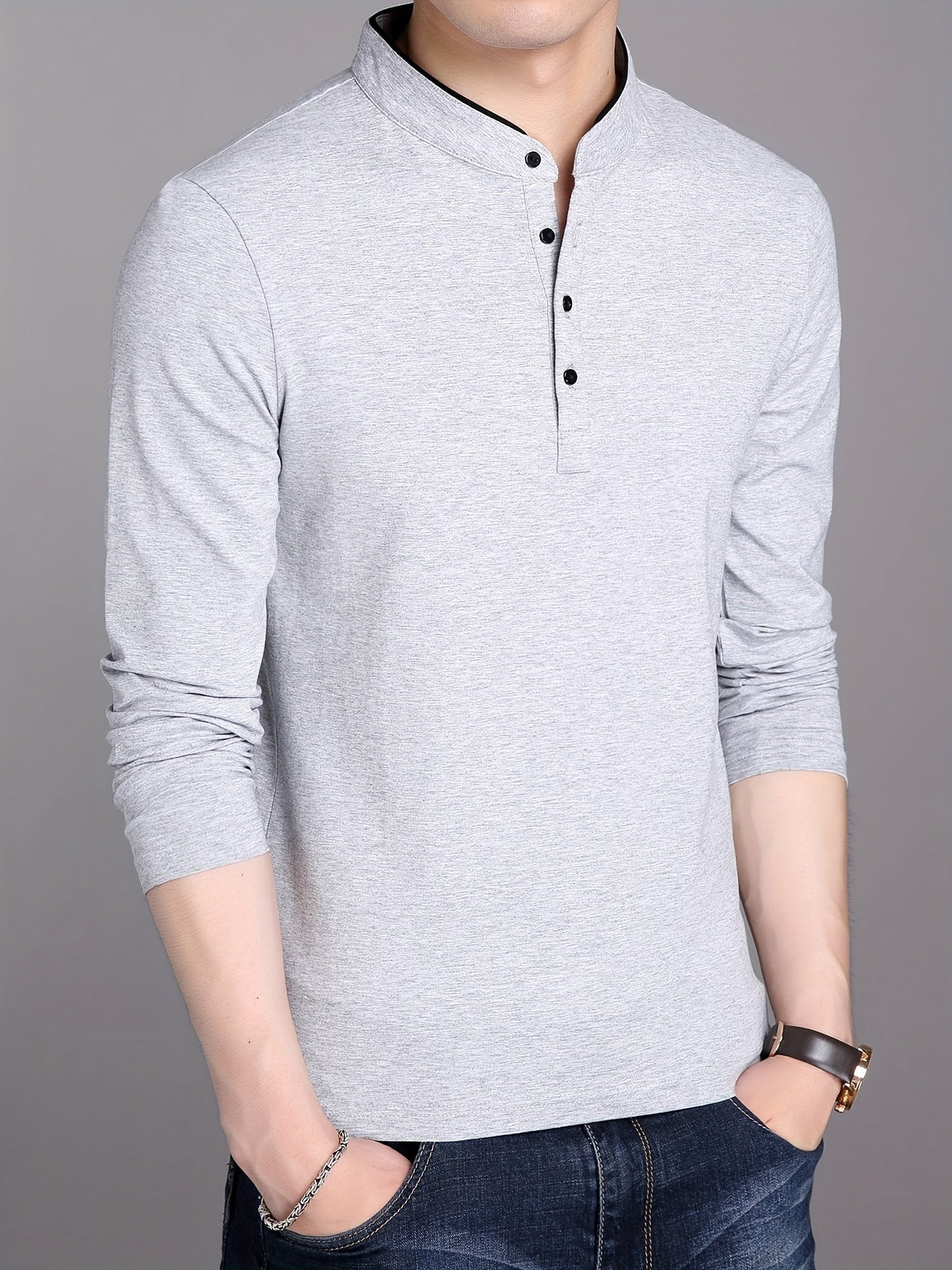 T-shirt Polo Homme Manches Longues Col Mao Rouge Bordeaux