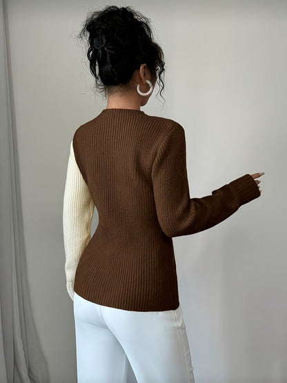 Pull femme bicolore côtelé à motif cœur, col montant, manches longues