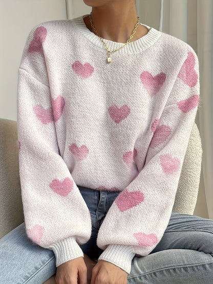 Pull col rond ample en maille blanc avec cœurs beiges