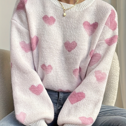 Pull col rond ample en maille blanc avec cœurs beiges