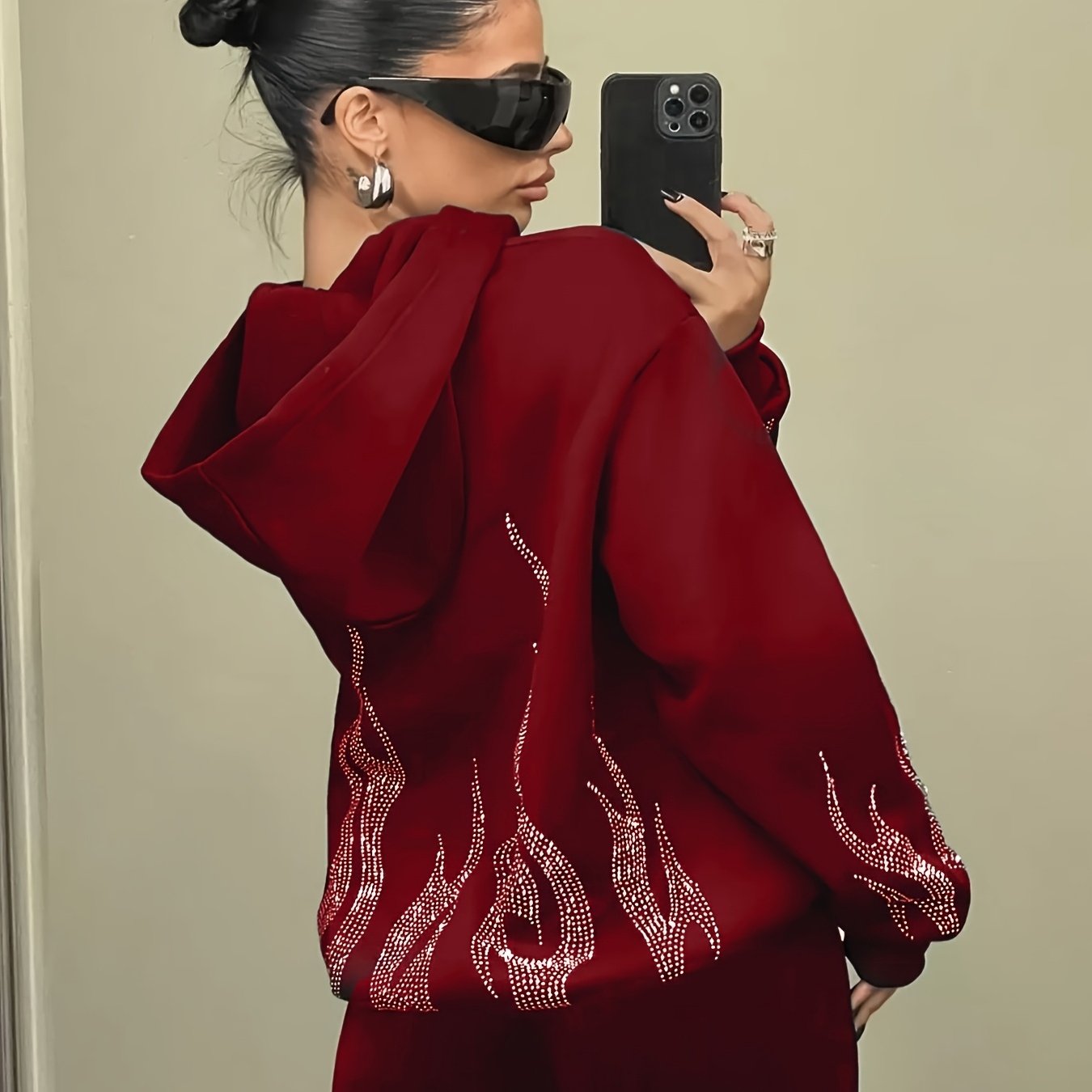 Sweat à Capuche Femme Décontracté Noir Flammé Strass Manches Longues