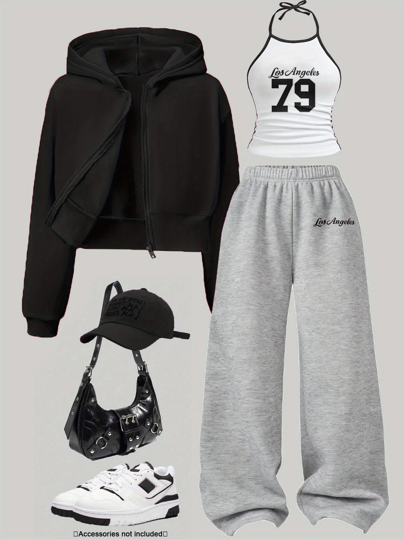 Ensemble Sportif Décontracté Femme 3 Pièces : Sweat à Capuche Court Zippé, Débardeur Halter et Pantalon Large Molletonné