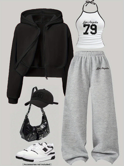 Ensemble Sportif Décontracté Femme 3 Pièces : Sweat à Capuche Court Zippé, Débardeur Halter et Pantalon Large Molletonné