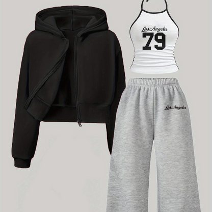 Ensemble Sportif Décontracté Femme 3 Pièces : Sweat à Capuche Court Zippé, Débardeur Halter et Pantalon Large Molletonné