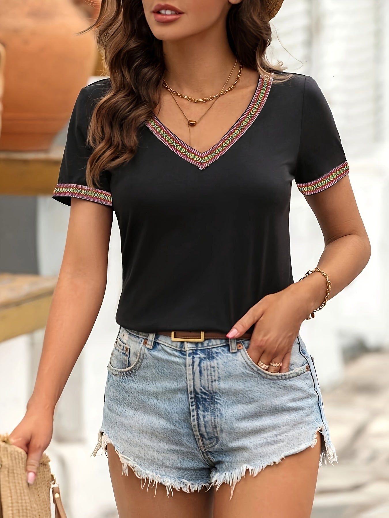 T-shirt décontracté femme col en V style bohème pour printemps et été