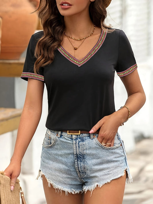 T-shirt décontracté femme col en V style bohème pour printemps et été