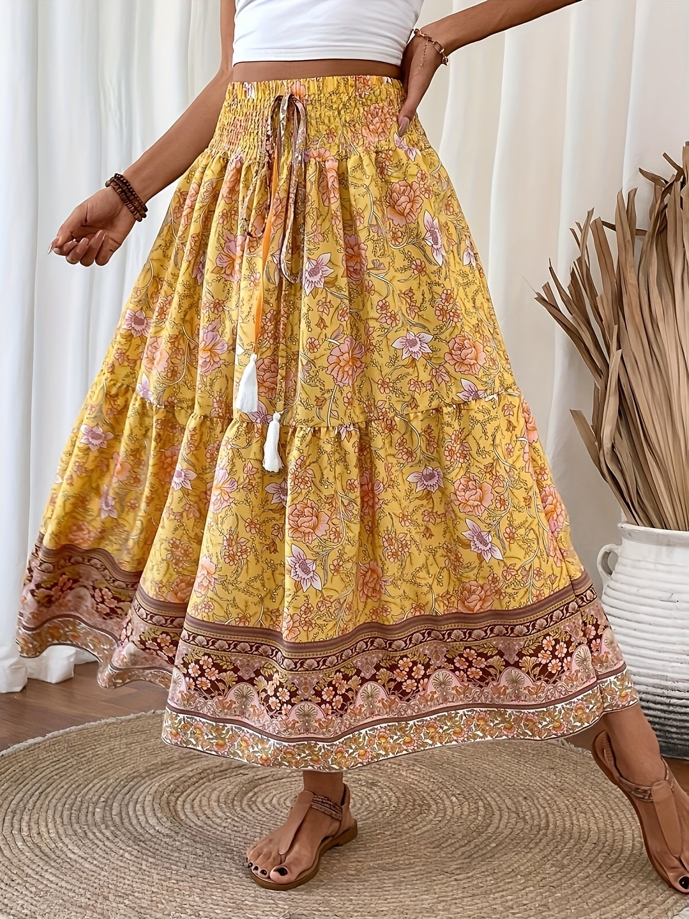 Elegant summer style women's long bohemian floral print skirt
