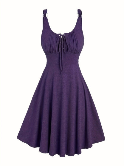 Lässiges Damenkleid mit Ausschnitt und Ösen-Trägern, ausgestellter Frühling-Sommer-Stil  