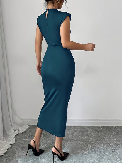 Elegante dames midilengte jurk in bodycon-stijl met hoge hals, voor avond of kantoor