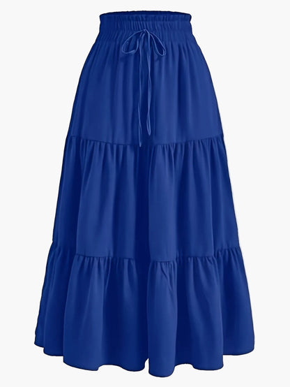 Gonna lunga donna elegante a vita alta con volant, stile primavera estate, ideale per tempo libero e uscite