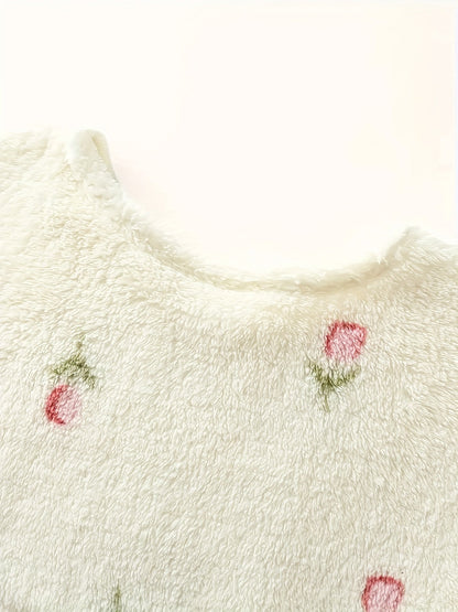 Robe de Nuit Molletonnée Femme Crème à Motifs Floraux Manches Longues