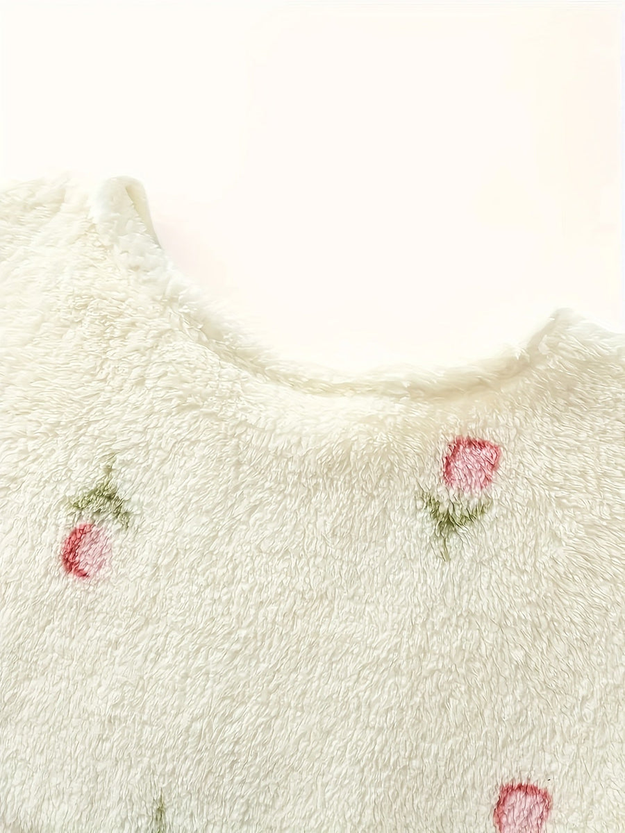 Robe de Nuit Molletonnée Femme Crème à Motifs Floraux Manches Longues