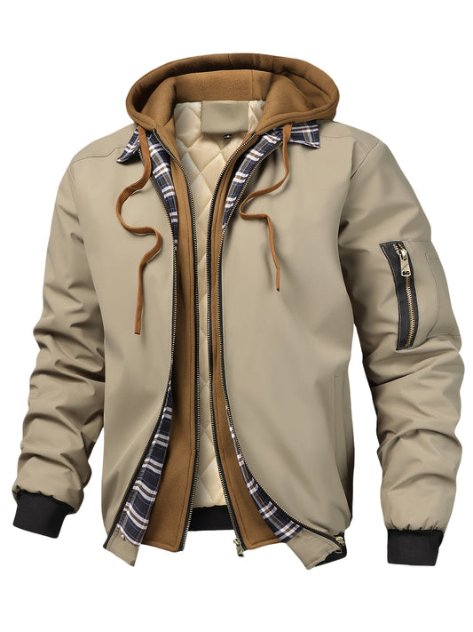 Veste homme style bombardier avec capuche et doublure matelassée amovible, beige