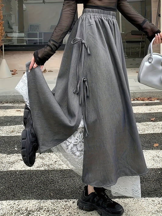 Jupe longue asymétrique femme gris foncé avec dentelle et liens à nouer