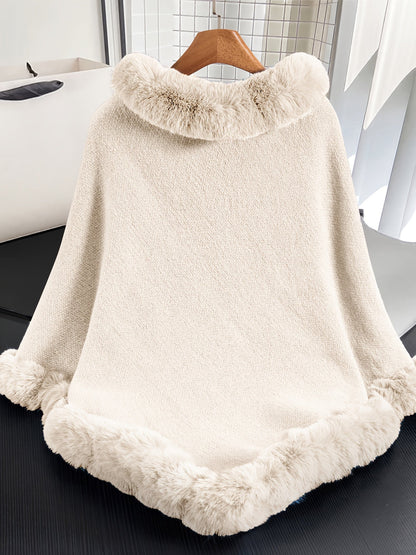 Poncho Femme Tricoté Bleu Marine avec Col et Bordure en Fourrure Synthétique
