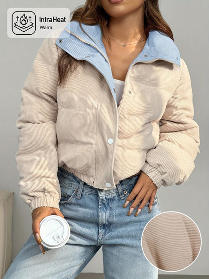 Doudoune courte femme côtelée réversible beige et rose clair avec col montant