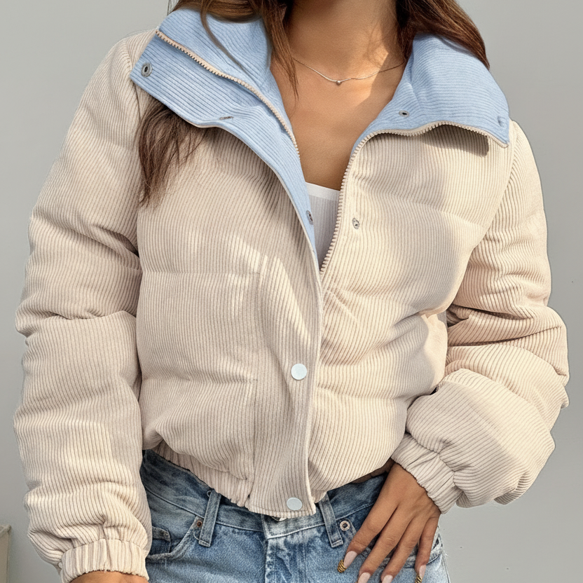 Doudoune courte femme côtelée réversible beige et rose clair avec col montant