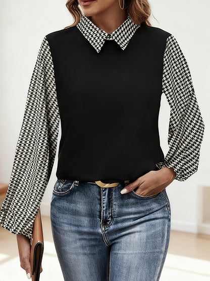 Blouse Femme Noir et Blanc Motif Pied-de-poule Manches Longues