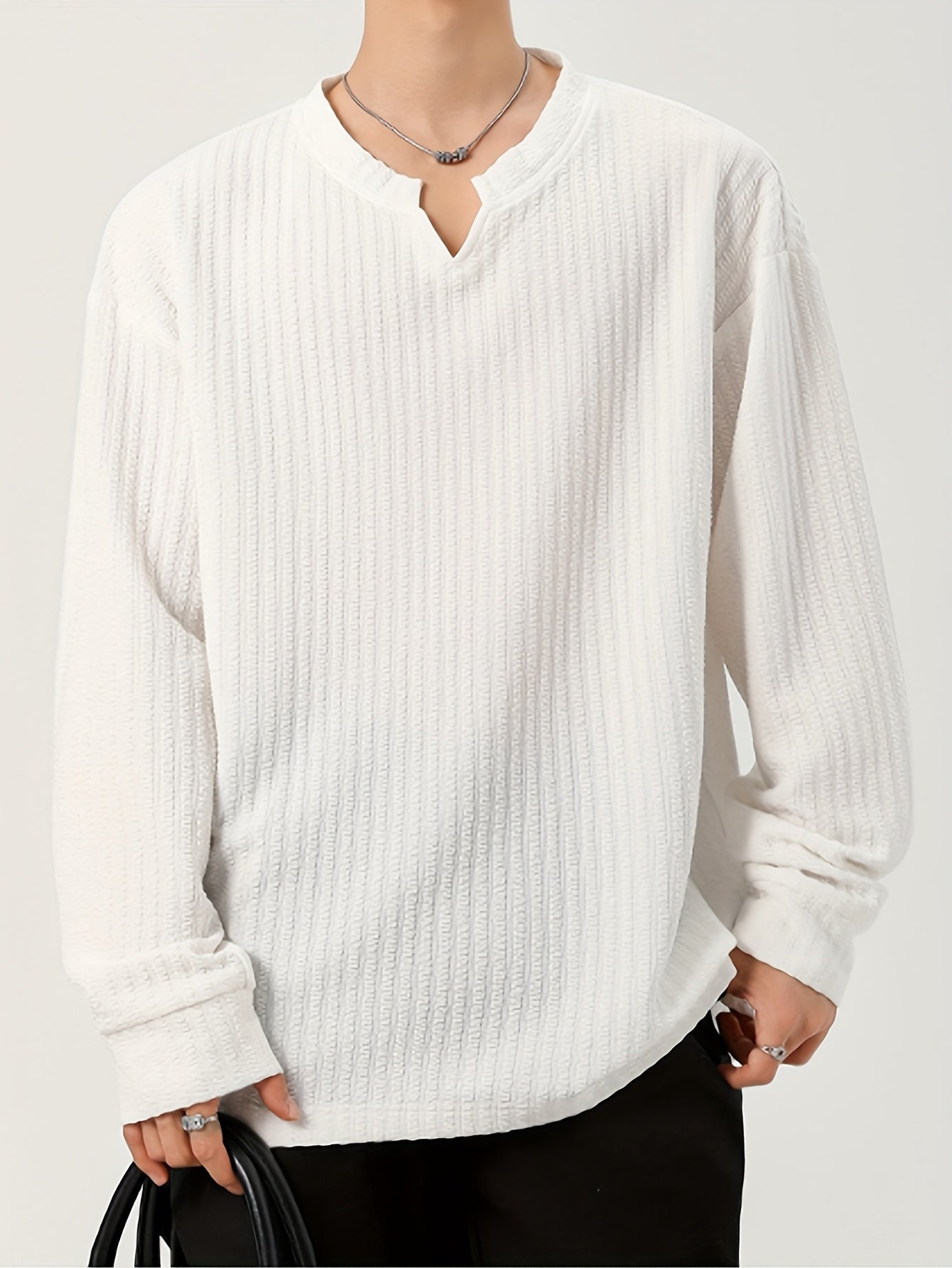 T-shirt Homme Manches Longues Texture Texturée Col V Doux Couleur Unie