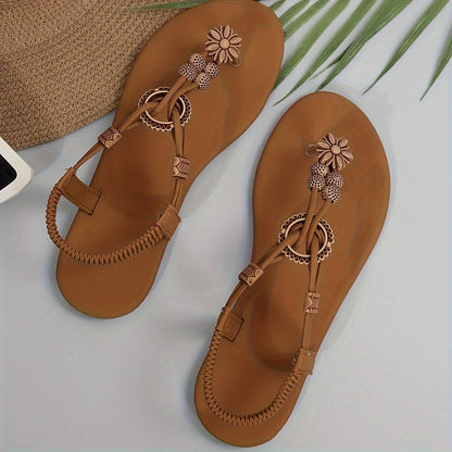 Sandali bassi bohemien da donna stile infradito con perle geometriche e fiore decorativo