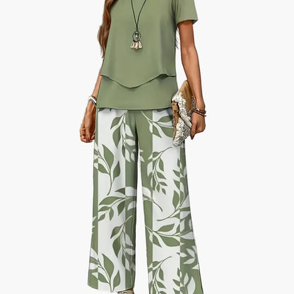 Ensemble élégant pour femme à manches courtes style décontracté chic avec pantalon large imprimé floral