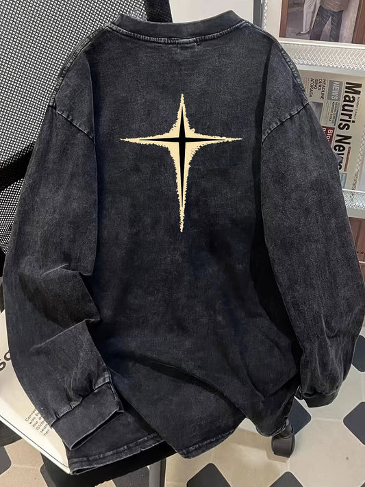 Sweat-shirt Unisexe Noir Délavé Manches Longues Motif Étoile Style Décontracté