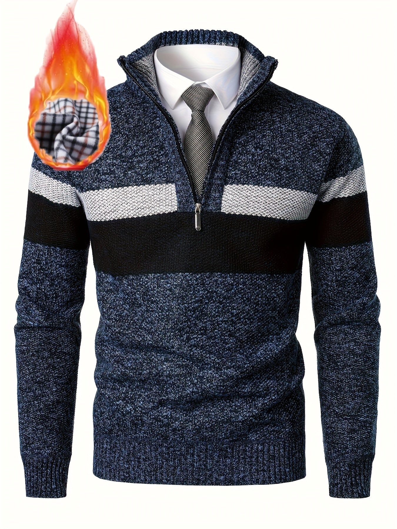 Pull homme tricoté à rayures, col montant zippé, doublure polaire beige et marron