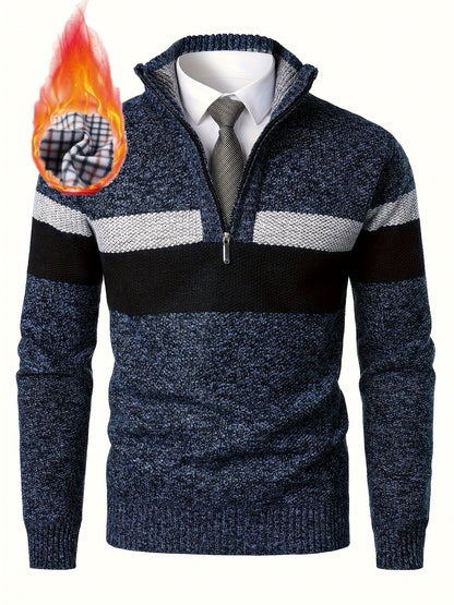 Pull homme tricoté à rayures, col montant zippé, doublure polaire beige et marron
