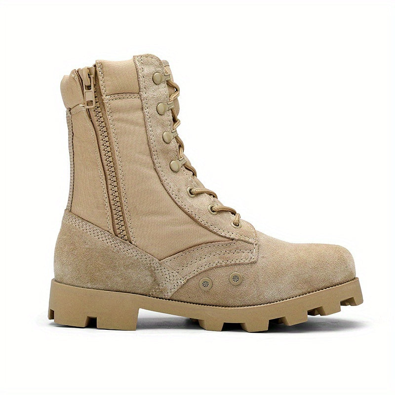 Bottes tactiques homme beige mi-montantes avec lacets et fermeture éclair latérale