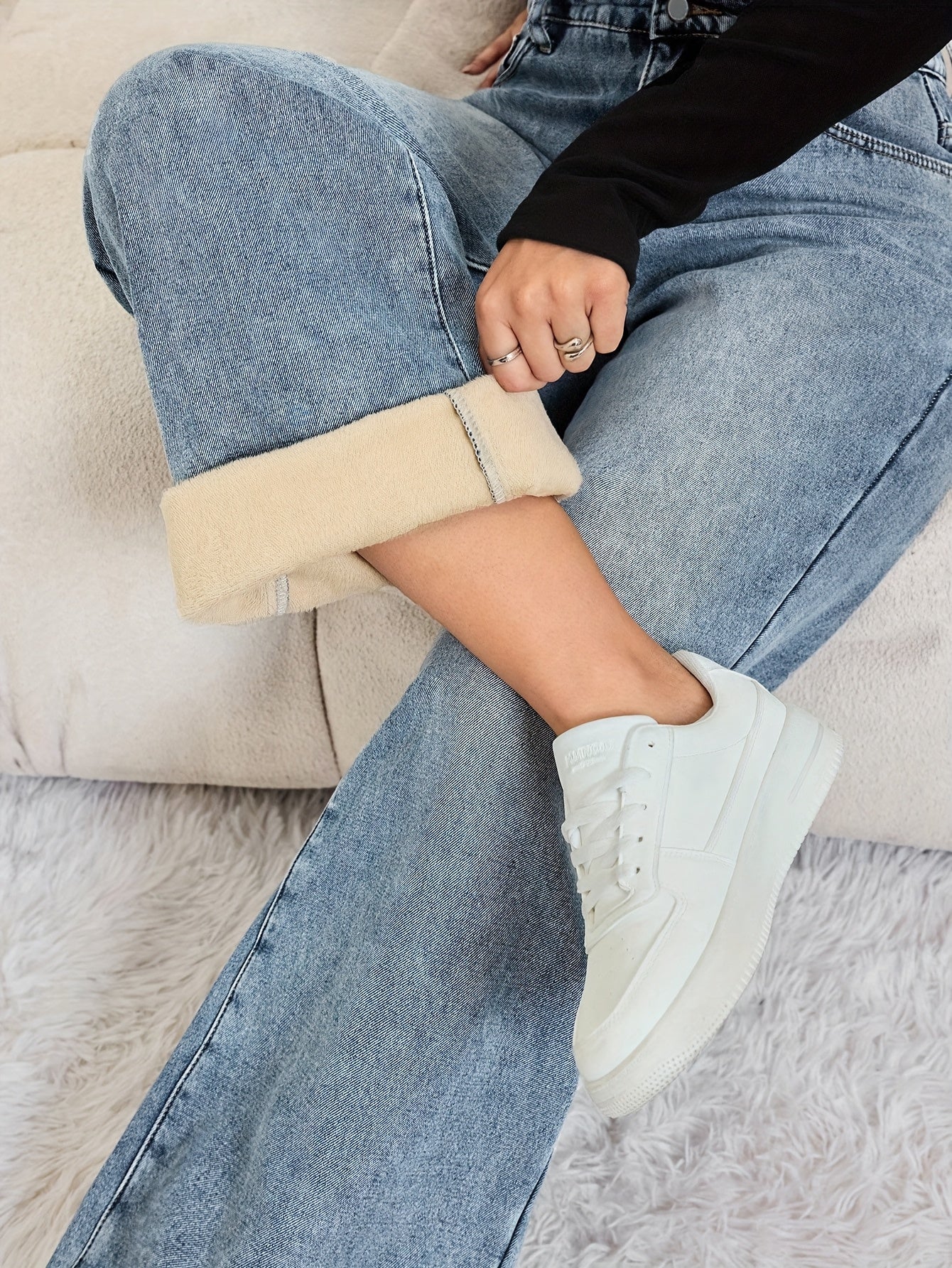 Jean large délavé doublé fausse fourrure beige pour femme, taille haute décontracté