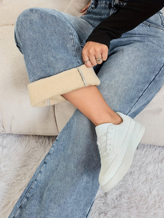 Jean large délavé doublé fausse fourrure beige pour femme, taille haute décontracté