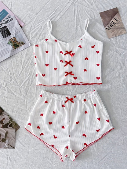 Pyjama d'été femme deux pièces style mignon à cœurs, ensemble débardeur et short, confortable pour la nuit