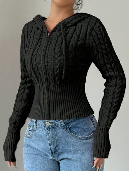 Sweat à capuche Femme tricoté torsadé court avec zip et cordon de serrage