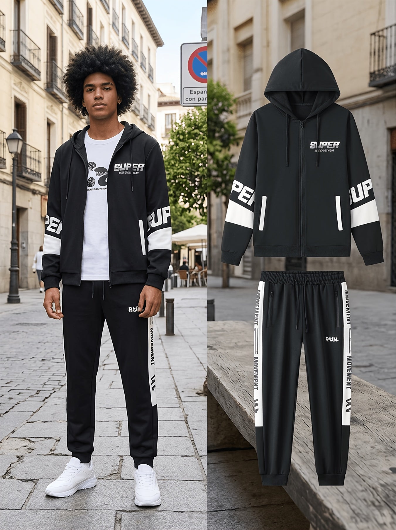 Ensemble Homme Sportif Noir avec Capuche et Bandes Latérales