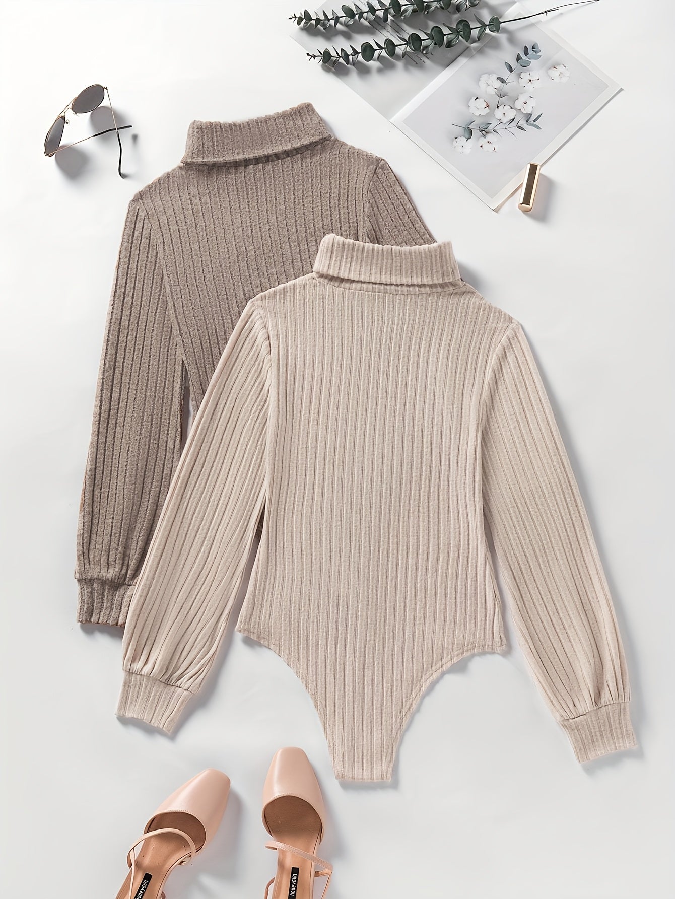 Body col roulé femme côtelé manches longues beige