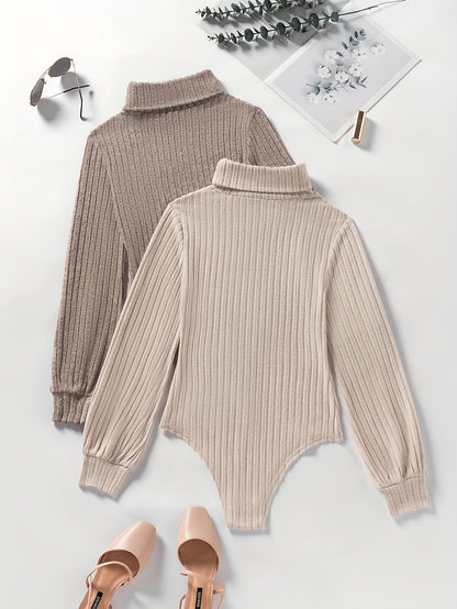 Body col roulé femme côtelé manches longues beige