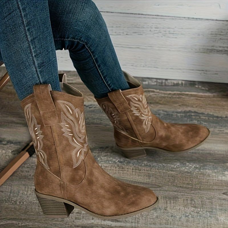 Westernstiefel für Damen im Cowboy-Stil, bestickt, mit Blockabsatz